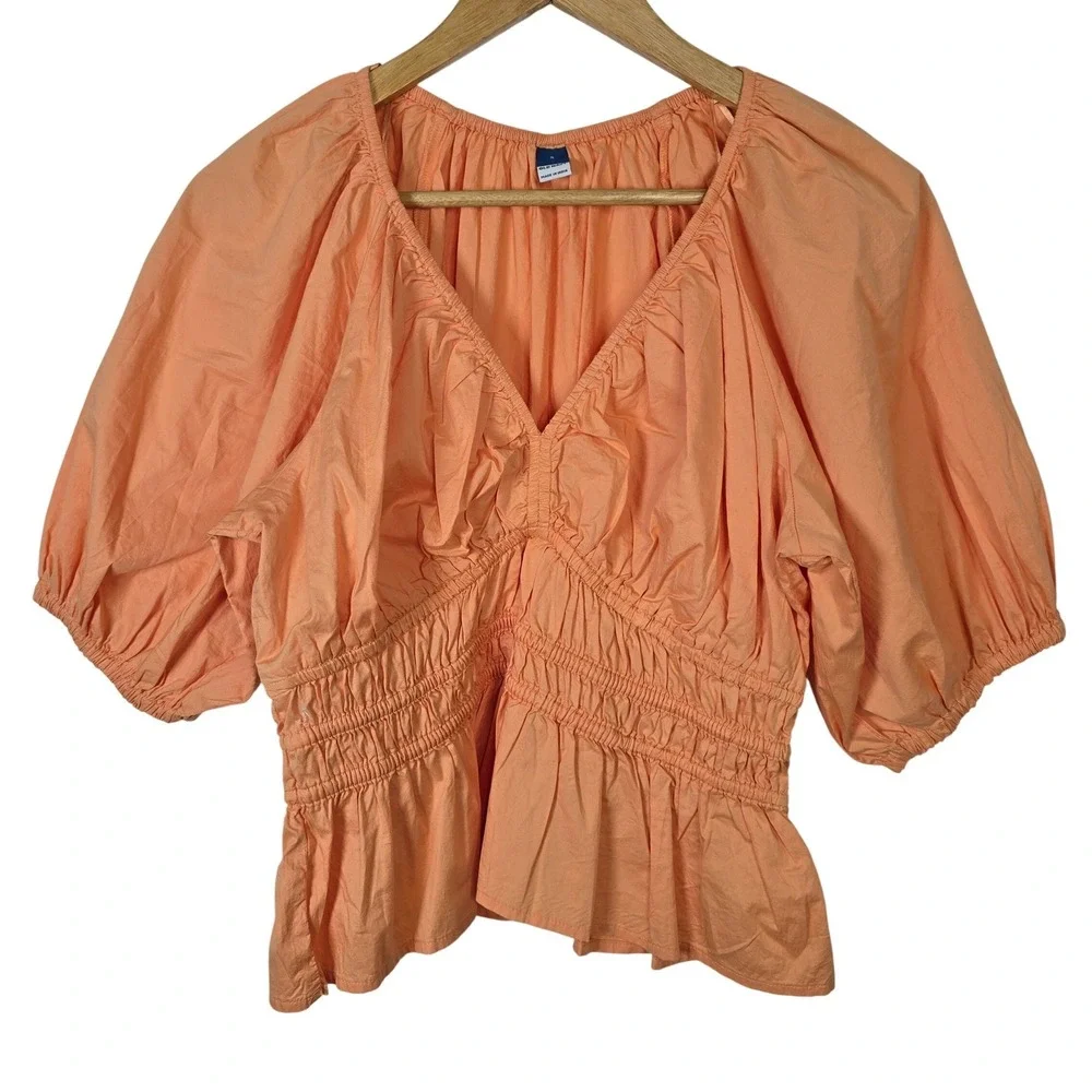 Old Navy Womens Small Peach Cotton Smocked Puff Sleeve Peplum‎ Blouse Top V-Neck